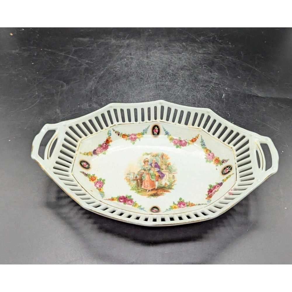 Antique‎ Hand Painted Dish German Courting Floral Gold Lattice Oval White 9.75"